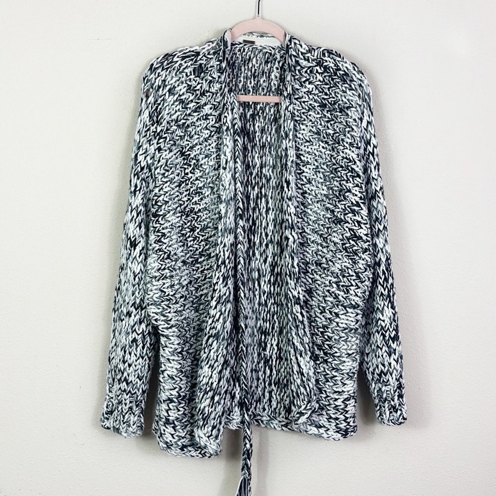 Free People Oversized Batwing Knit Crochet Sweater‎ with Sash Dark Blue White S